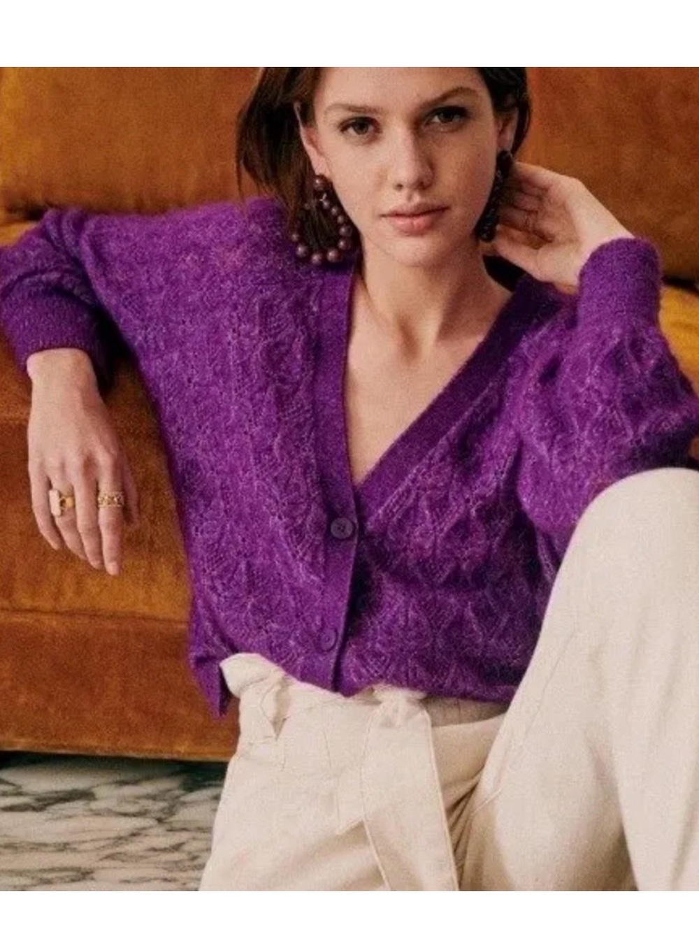 Sézane Marlow Cardigan Purple Kid Mohair Wool Openwork Knit Sweater S